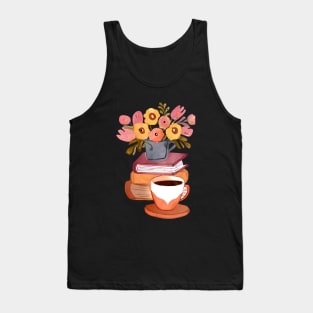 Cute Watercolor Books Flowers and Coffee Cup Tank Top